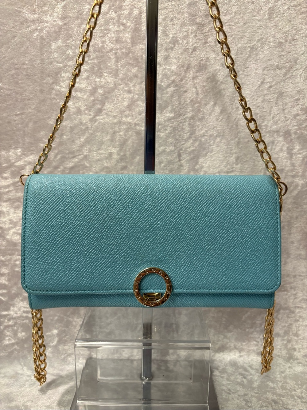 Bvlgari Gold Ring Continental Textured Leather Flap Wallet Turquoise COA